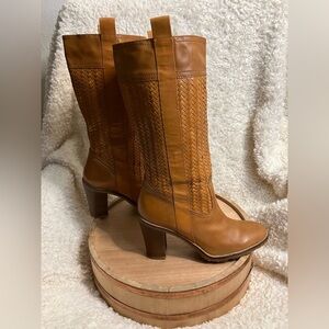 Cole Haan Dallon Vintage Tan Tall Woven Leather Heel Boots Western Size 8.5